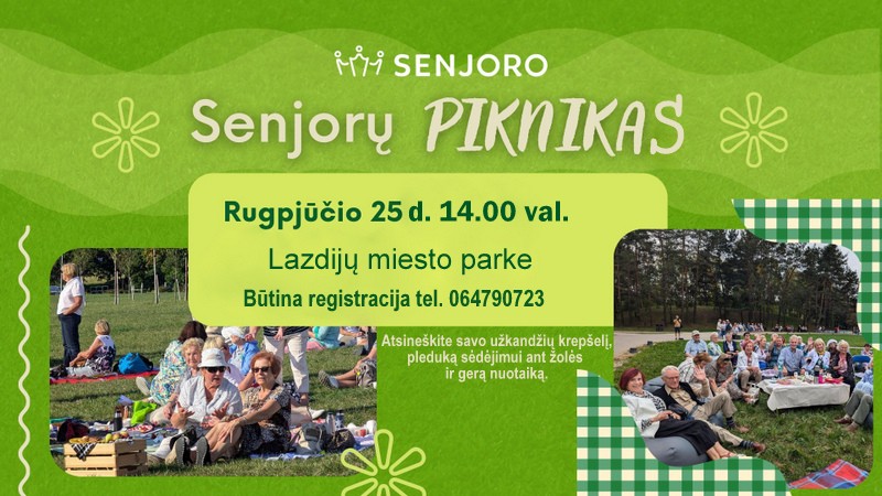Senjoro“ organizacija tęsia gražią tradiciją – jau ketvirtus metus iš eilės Lietuvoje vyksta „SENJORŲ PIKNIKAI“, kurių metu šalies senjorai buriasi po atviru dangumi, kad kartu išlydėtų vasarą, mėgautųsi gamta ir dovanotų vieni kitiems gražias šypsenas. Rugpjūčio 25d., 14:00 val. Senjorų piknikas vyks Lazdijų miesto parke. Senjorai kviečiami atsinešti savo užkandžių krepšelį, pleduką sėdėjimui ant žolės ir gerą nuotaiką. 