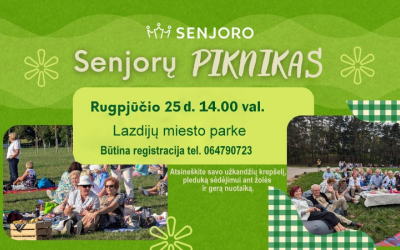 Senjoro“ organizacija tęsia gražią tradiciją – jau ketvirtus metus iš eilės Lietuvoje vyksta „SENJORŲ PIKNIKAI“, kurių metu šalies senjorai buriasi po atviru dangumi, kad kartu išlydėtų vasarą, mėgautųsi gamta ir dovanotų vieni kitiems gražias šypsenas. Rugpjūčio 25d., 14:00 val. Senjorų piknikas vyks Lazdijų miesto parke. Senjorai kviečiami atsinešti savo užkandžių krepšelį, pleduką sėdėjimui ant žolės ir gerą nuotaiką. 